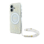 Guess IML Flowers Allover Electro With Pearl Strap MagSafe case for iPhone 16 Plus - white