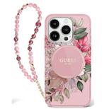 Guess IML Flowers With Pearl Strap MagSafe-Hülle für iPhone 16 Plus – Rosa