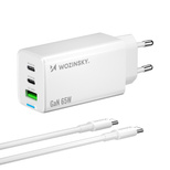 Wozinsky GaN 65W Charger with 2xUSB-C USB Ports with 65W CC Cable - White