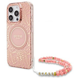 Guess IML Flowers Allover Electro With Pearl Strap MagSafe Hülle für iPhone 16 Pro Max - Rosa