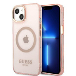 Guess Gold Outline Translucent MagSafe Hülle für iPhone 13 – Rosa