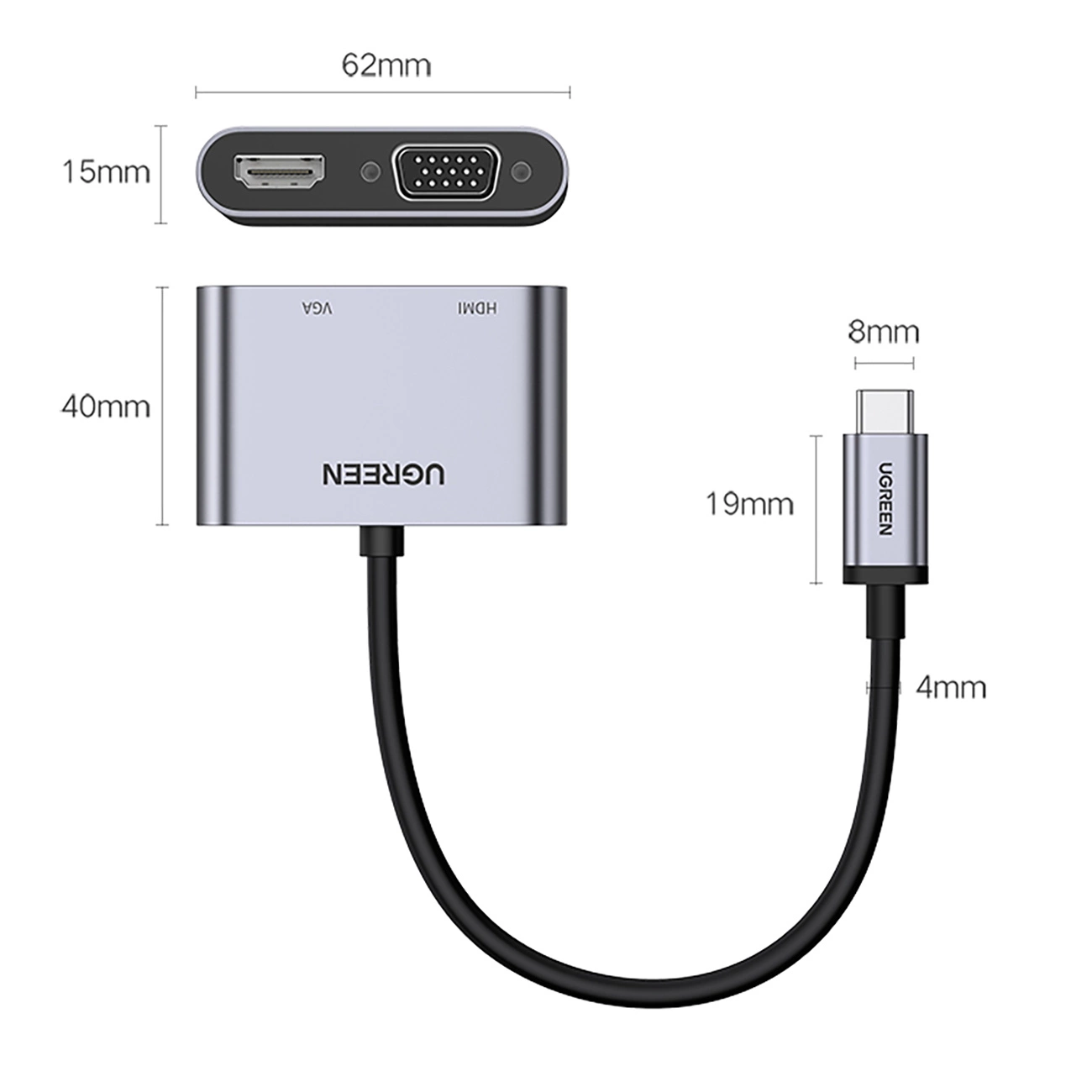 Dimensions of the Ugreen CM162 adapter