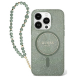 Guess IML Glitter With Pearl Strap MagSafe-Hülle für iPhone 16 Pro – Grün