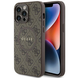 Guess 4G Collection Leder Metall Logo MagSafe Case für iPhone 14 Pro Max - Braun