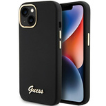 Guess Silikon Script Metal Logo &amp; Frame Hülle für iPhone 15 – Schwarz