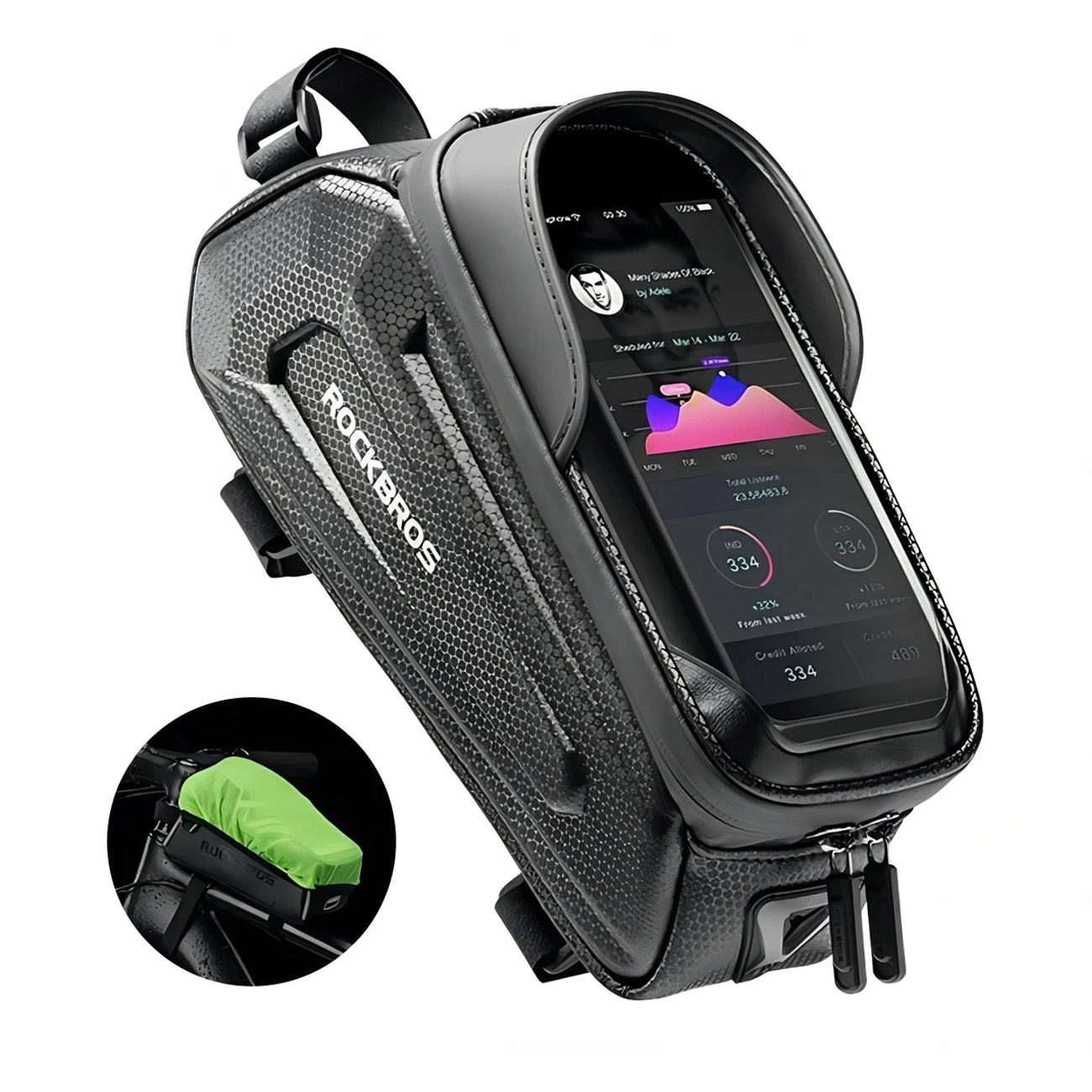 Rockbros B68 armored bicycle bag with phone cover - black on white background
