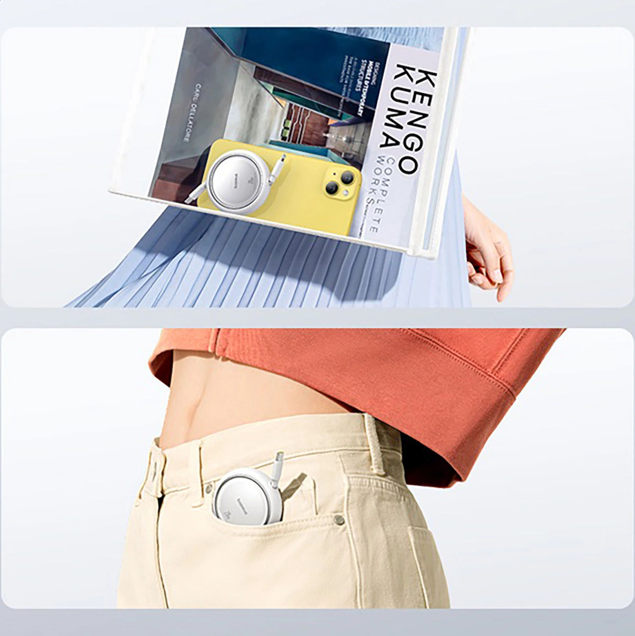 The woman puts the rolled-up Baseus Free2Pull cable into her pocket