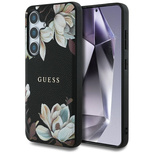 Guess MagSafe-Hülle mit genarbtem bedrucktem Blumenmuster für Samsung Galaxy S25 schwarz