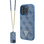 Guess Umhängetasche aus Leder mit Metall-Logo und Strass für iPhone 16 Pro – Blau