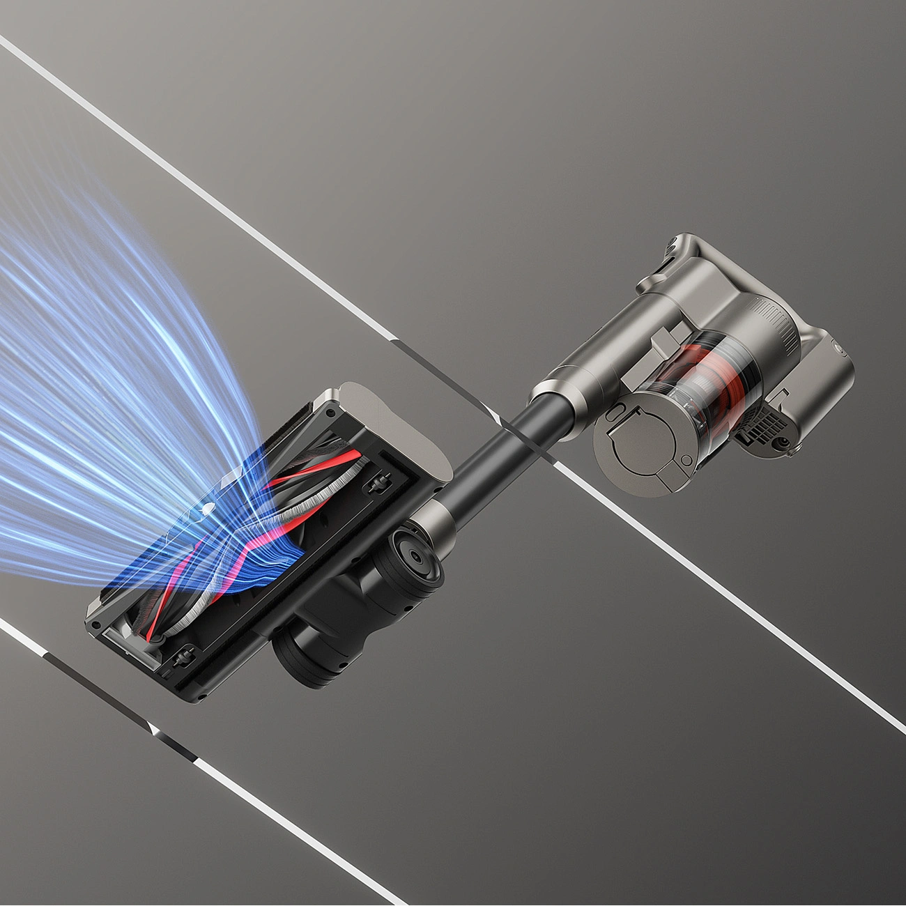 Illustration showing the UWANT V500 vacuum cleaner on a glass surface, viewed from below.