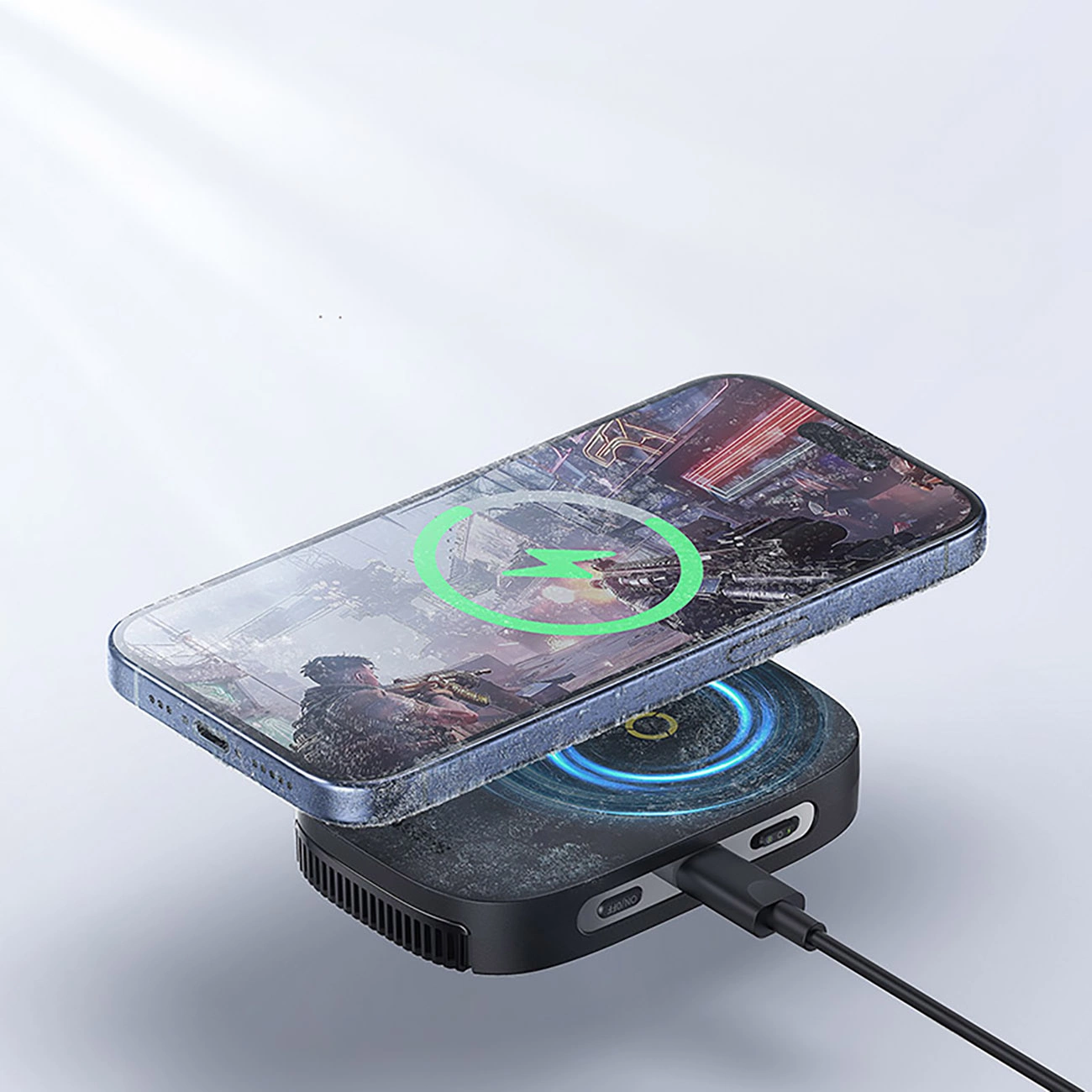 The phone is connected by induction to the Baseus MagPro II smartphone cooling fan