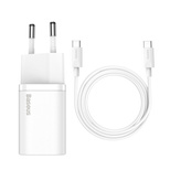 Baseus Si USB-C 25W 3A Schnellladegerät mit USB-C / USB-C 1m Kabel - Weiß