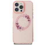 Guess IML Flowers Wreath MagSafe Hülle für iPhone 16 – Rosa