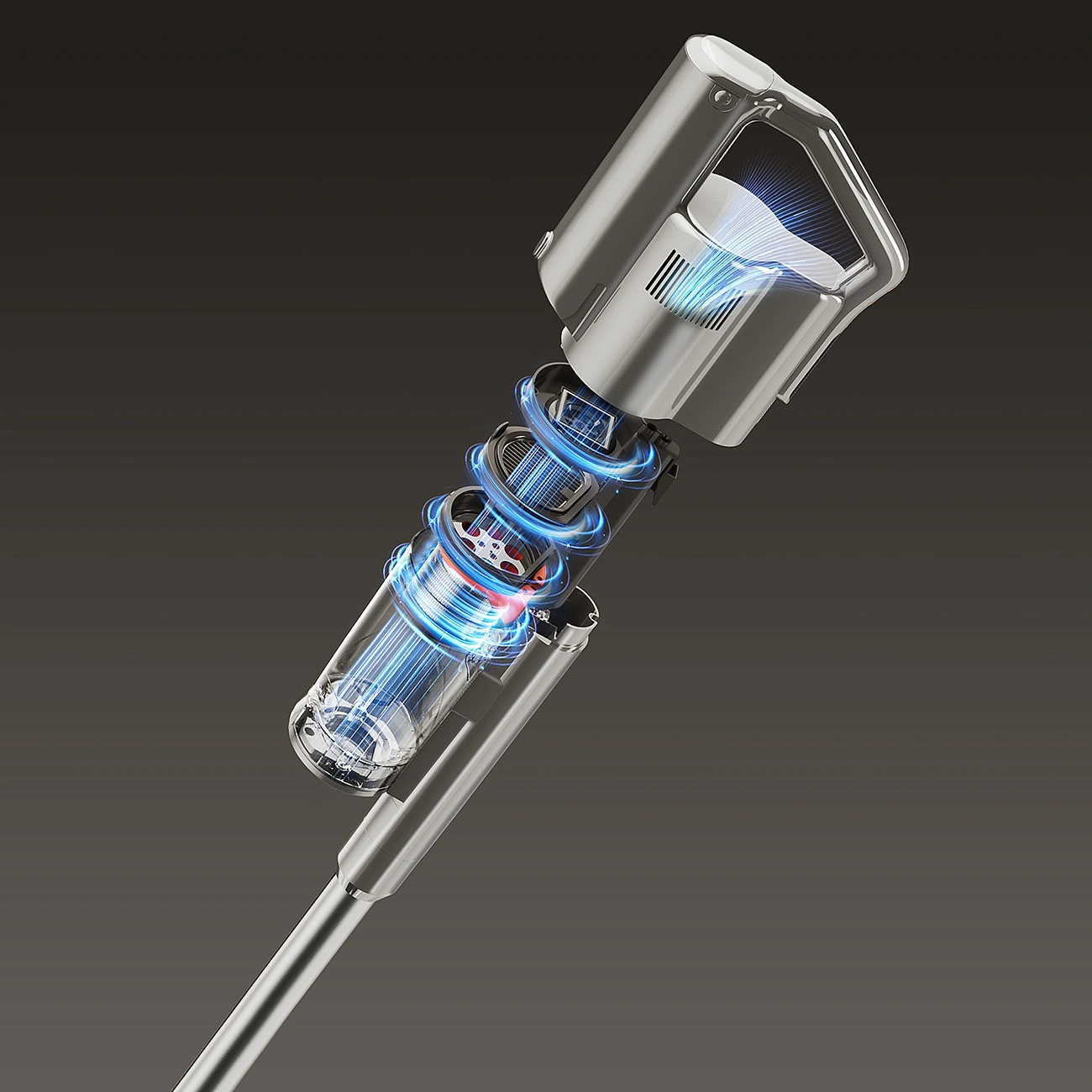 Illustration showing the exploded structure of the engine and filtration elements in the UWANT V500 vacuum cleaner