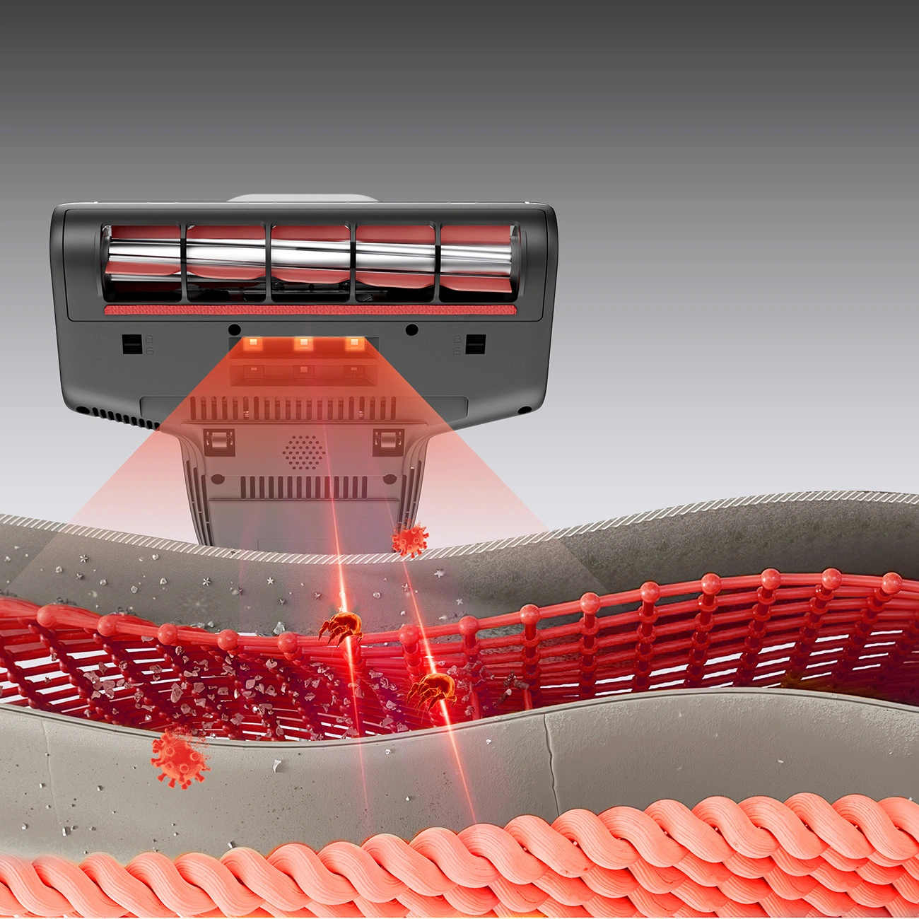 Illustration showing the effect of infrared light on dust mites and viruses in a mattress.