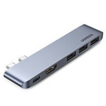 Ugreen multifunktionaler HUB 2x USB Type C auf USB Type C PD (Thunderbolt 3, 100W, 4K @ 60 Hz, 10 Gbps) / HDMI 4K @ 30 Hz / 3x USB 3.0 für MacBook Pro / Air Grey (60559)