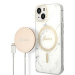 Set Guess GUBPP14SHMEACSH Case+ Charger iPhone 14 6.1&quot; white/white hard case Marble MagSafe