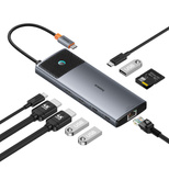 HUB 10in1 Baseus Metal Gleam II USB-C - HDMI 4K 120Hz / HDMI 4K 60Hz / USB-A 3.2 / 2x USB-A / USB-C 3.2 / RJ45 / SD, TF reader / USB-C - gray