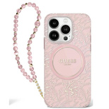 Guess IML Flowers Allover Electro With Pearl Strap MagSafe-Hülle für iPhone 16 Plus – Rosa